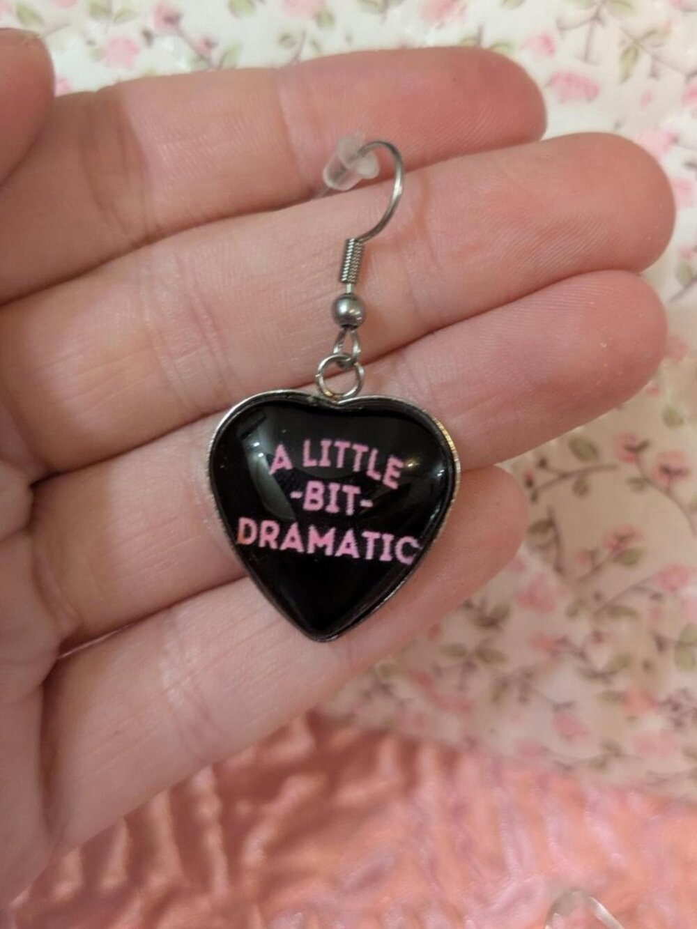 handmade pink and black heart " a little bit dramatic " dangle earrings